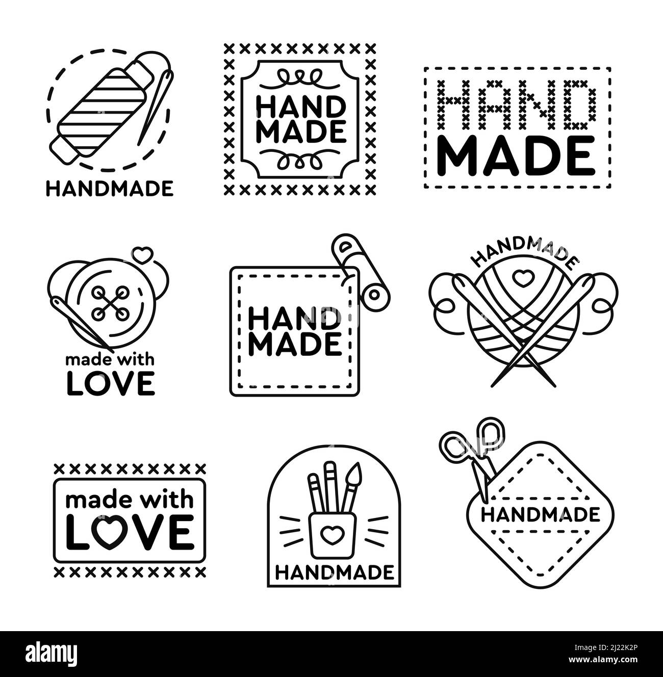 Handgefertigtes Badges-Set. Embleme und Logos für Kreuznähte, Nähen, Stricken Thema Design. Schwarze Vektorgrafiken auf weißem Hintergrund Stock Vektor