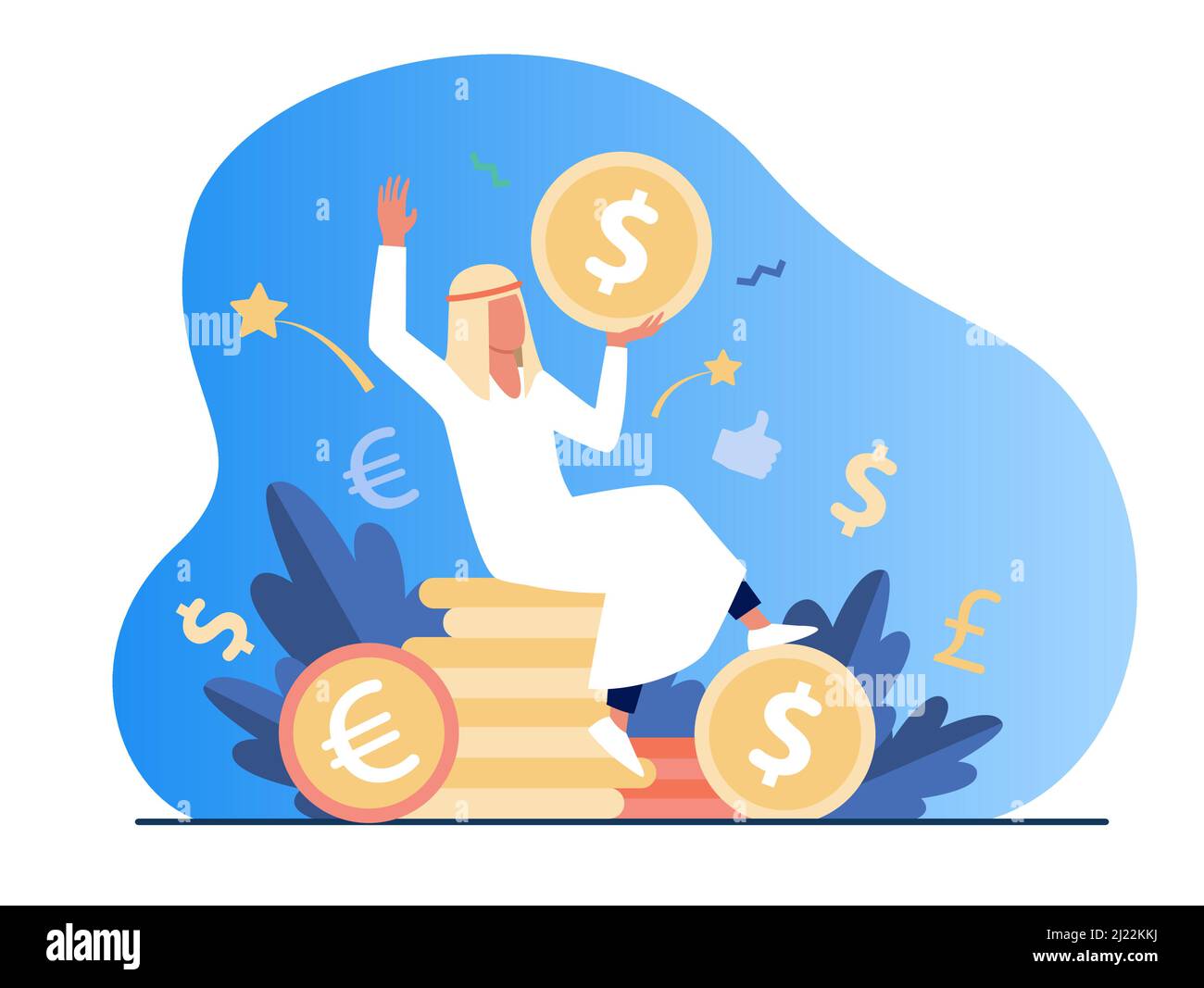 Arabischer Mann sitzt auf einem Haufen Goldmünzen. Vektor-Illustration für Dollar, Bargeld, Geld. Finanz- und Vermögenskonzept für Banner, Website-Design oder Land Stock Vektor