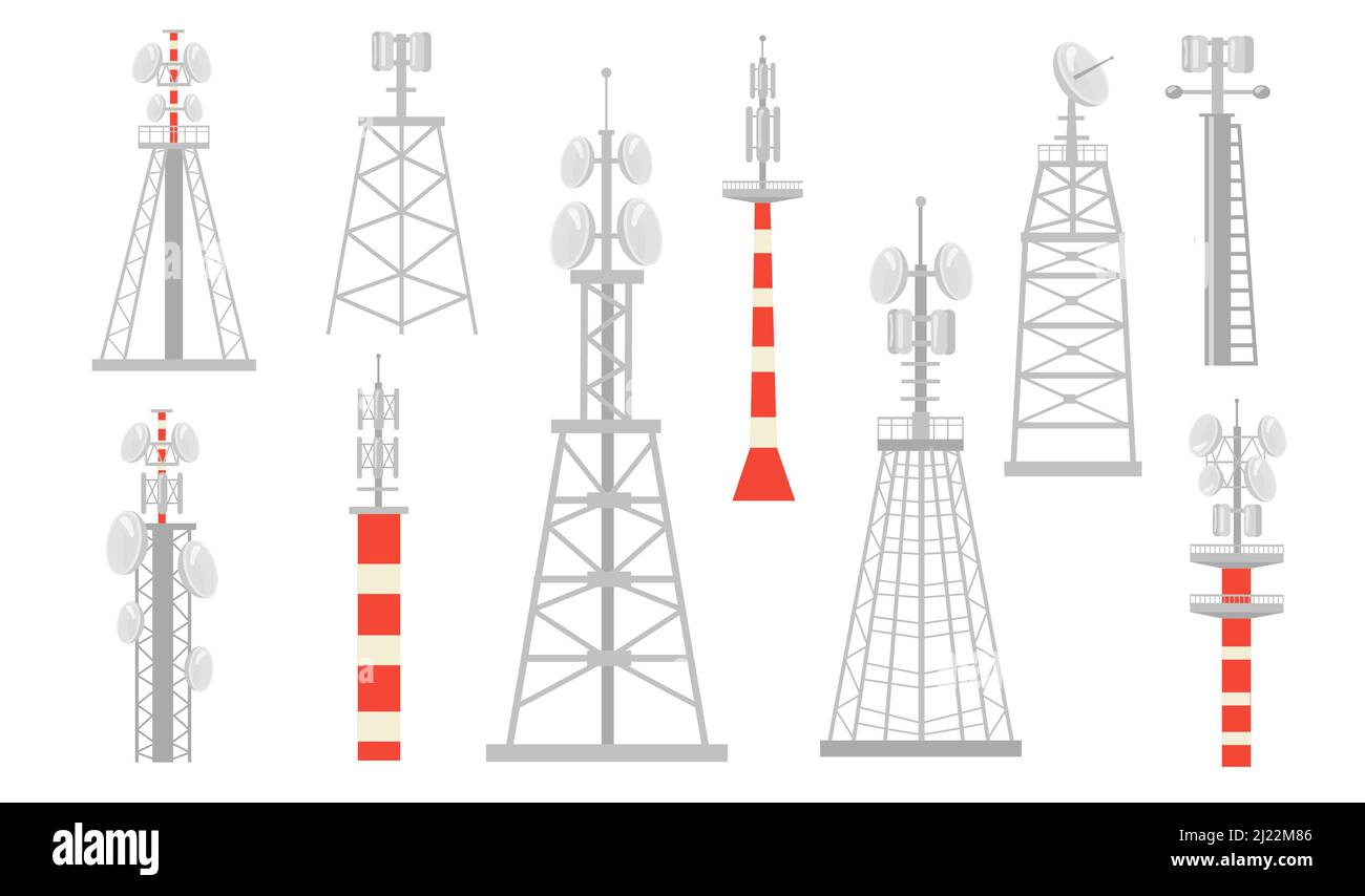 Verschiedene Funktürme flaches Icon Set. Drahtlose, satellitengestützte Wellensender für die Sammlung isolierter Vektorgrafiken. Telecommunicat Stock Vektor