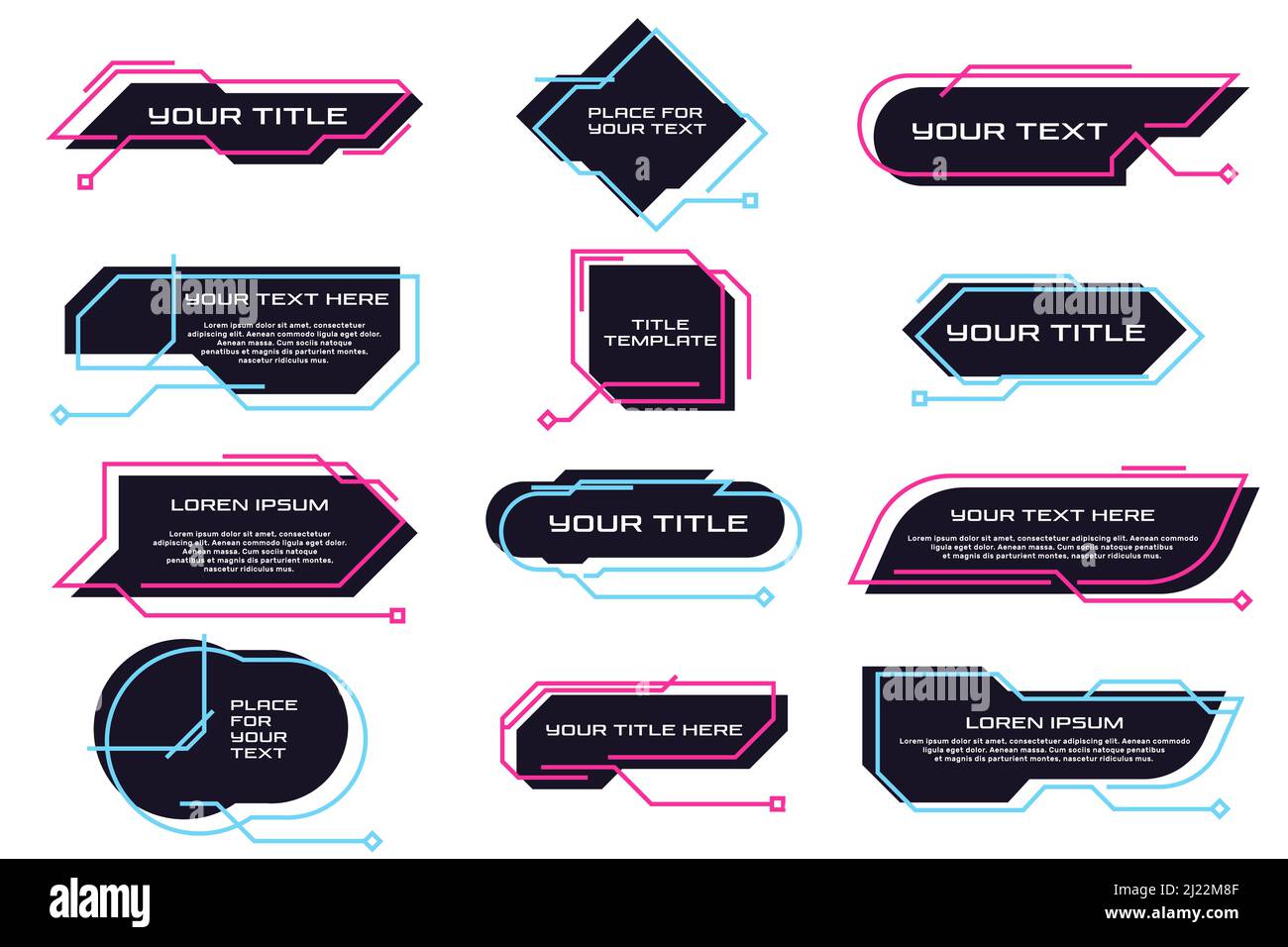 Verschiedene futuristische Titel und Banner flach Icon Set. Infografik Callouts, Zeilentext und Pop-up-Boxen Vektor Illustration Sammlung. Digitaler Techno Stock Vektor