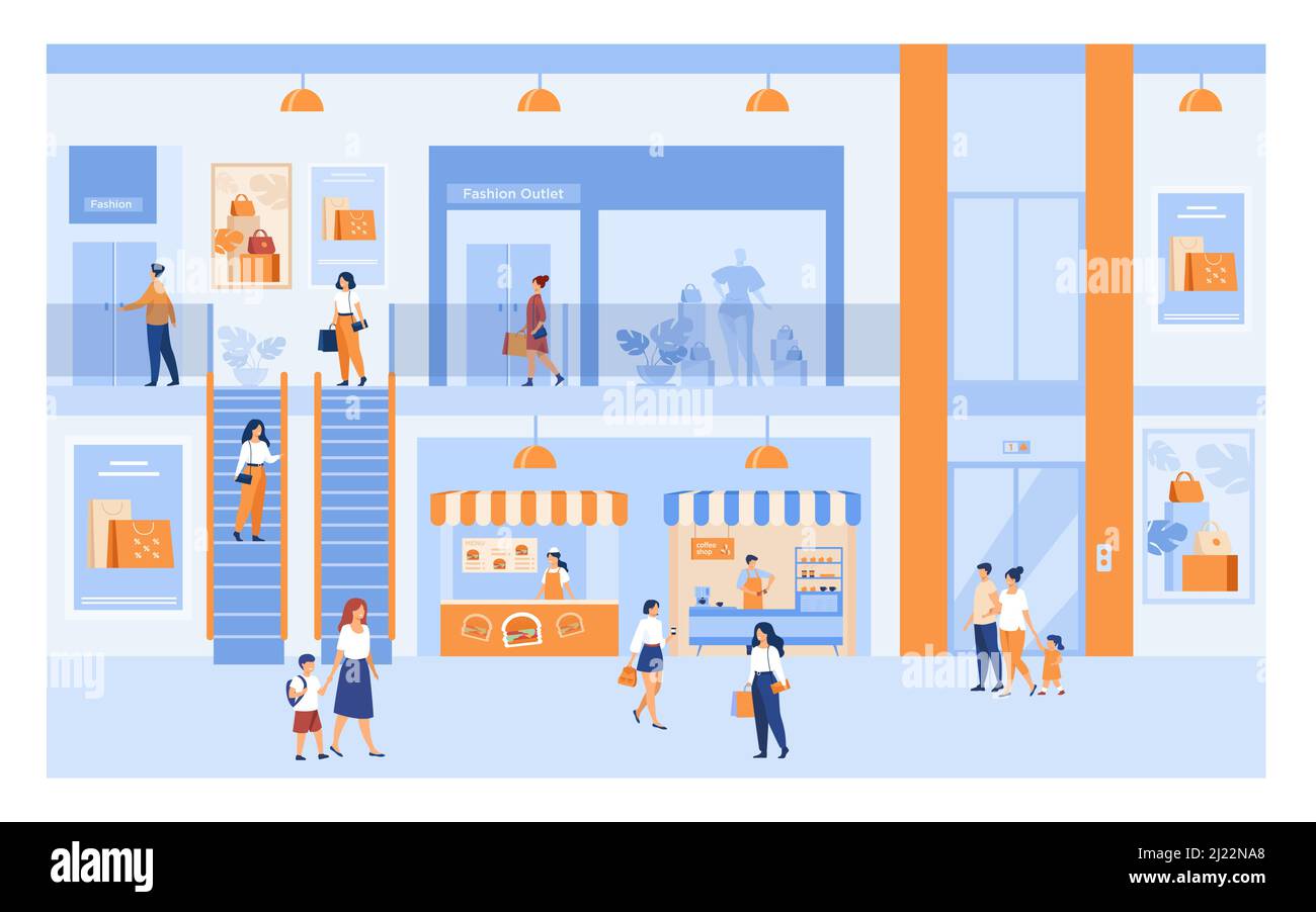 Inneneinrichtung des Kaufhauses mit Kunden. Leute, die im Einkaufszentrum einkaufen, durch die Hallen an den Fenstern vorbei gehen und Taschen tragen. Für Markt, Verkauf, Stock Vektor