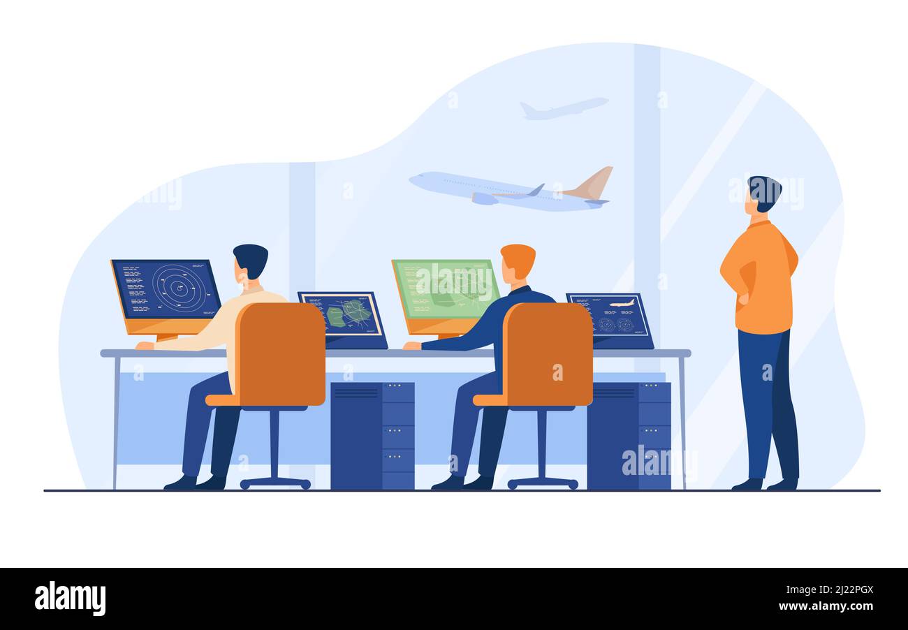 Flight Control Center isolierte flache Vektorgrafik. Cartoon Flughafen Kommandoraum oder Turm für Fly Track Controlling. Internationaler Transport Stock Vektor