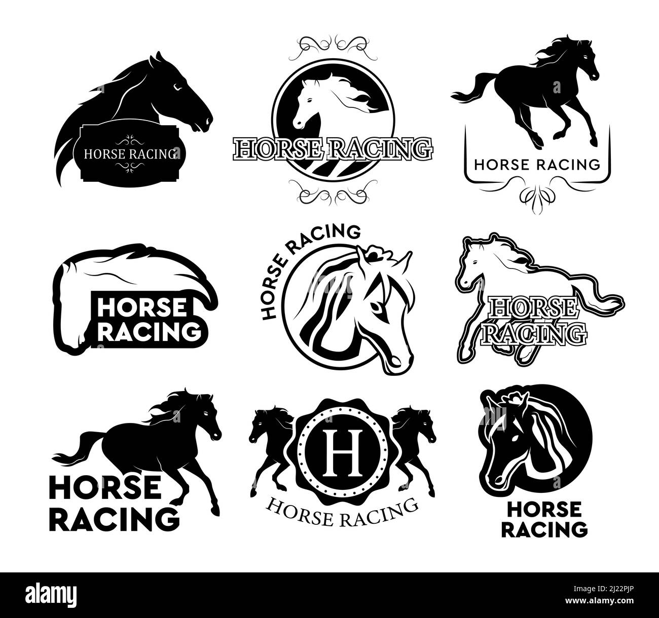 Pferderennen Logo-Set. Running Horse isolierte Illustrationen mit Text und Rahmen im Vintage Stil. Kann für Reitsport-Labels oder Polo-Club verwendet werden Stock Vektor