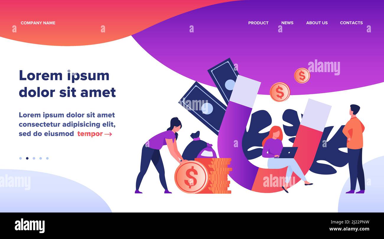 Einkommen und Geldattraktion. Menschen mit Magnet bekommen Bargeld. Vektor-Illustration für schnelle Darlehen, Einkommen, Investitionen, Gewinn, Finanzen, Erfolgskonzept Stock Vektor