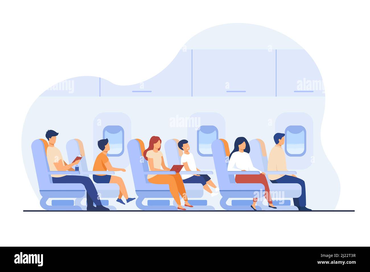 Passagiere, die mit dem Flugzeug reisen, isolierte flache Vektorgrafik. Cartoon-Figuren auf Flugzeug oder Flugzeug Bord. Flugverkehr, Flug und Stock Vektor