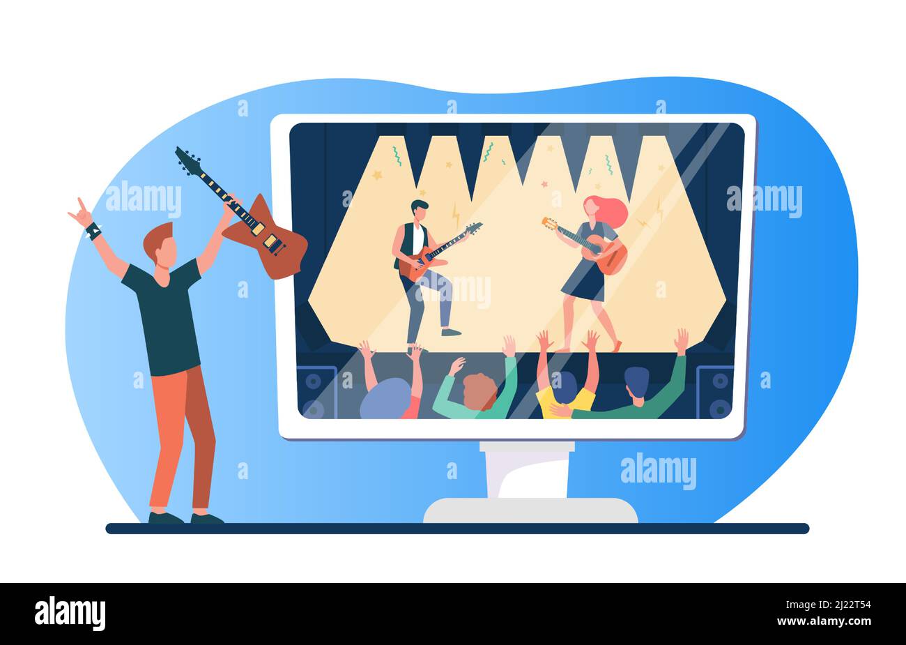 Musikfan, der Rockkonzert im Fernsehen genießt. Mann mit Gitarre beim Musikfestival flache Vektor-Illustration. Quarantäne, Home Entertainment-Konzept für BA Stock Vektor