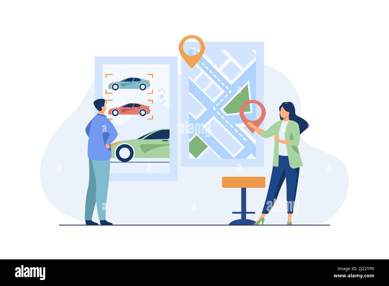 Mann, der sich ein Auto mietet. Car-Sharing-App, Stadtplan mit Zeigern. Berater flache Vektor-Illustration. Transport, Stadtverkehr Konzept für Banner, Web Stock Vektor