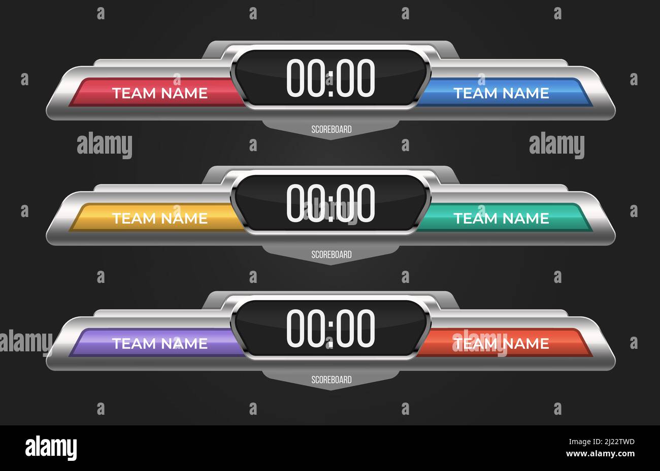 Scoreboard-Vorlagen festgelegt. Mit elektronischer Anzeige für die Punktzahl und Platz für Teamnamen. Kann für Sportbars, Cricket-Spiel, Baseball, Basketball, Stock Vektor