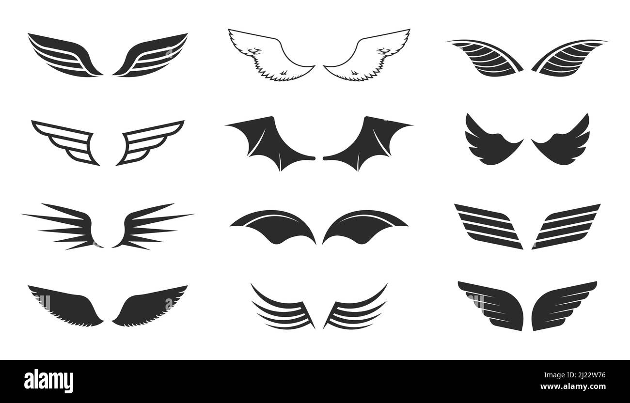 Monochrome Flügel-Set. Fliegende Symbole, schwarze Formen, Pilotenabzeichen, Flugpatch. Vektorgrafiken Kollektion isoliert auf weißem Hintergrund Stock Vektor