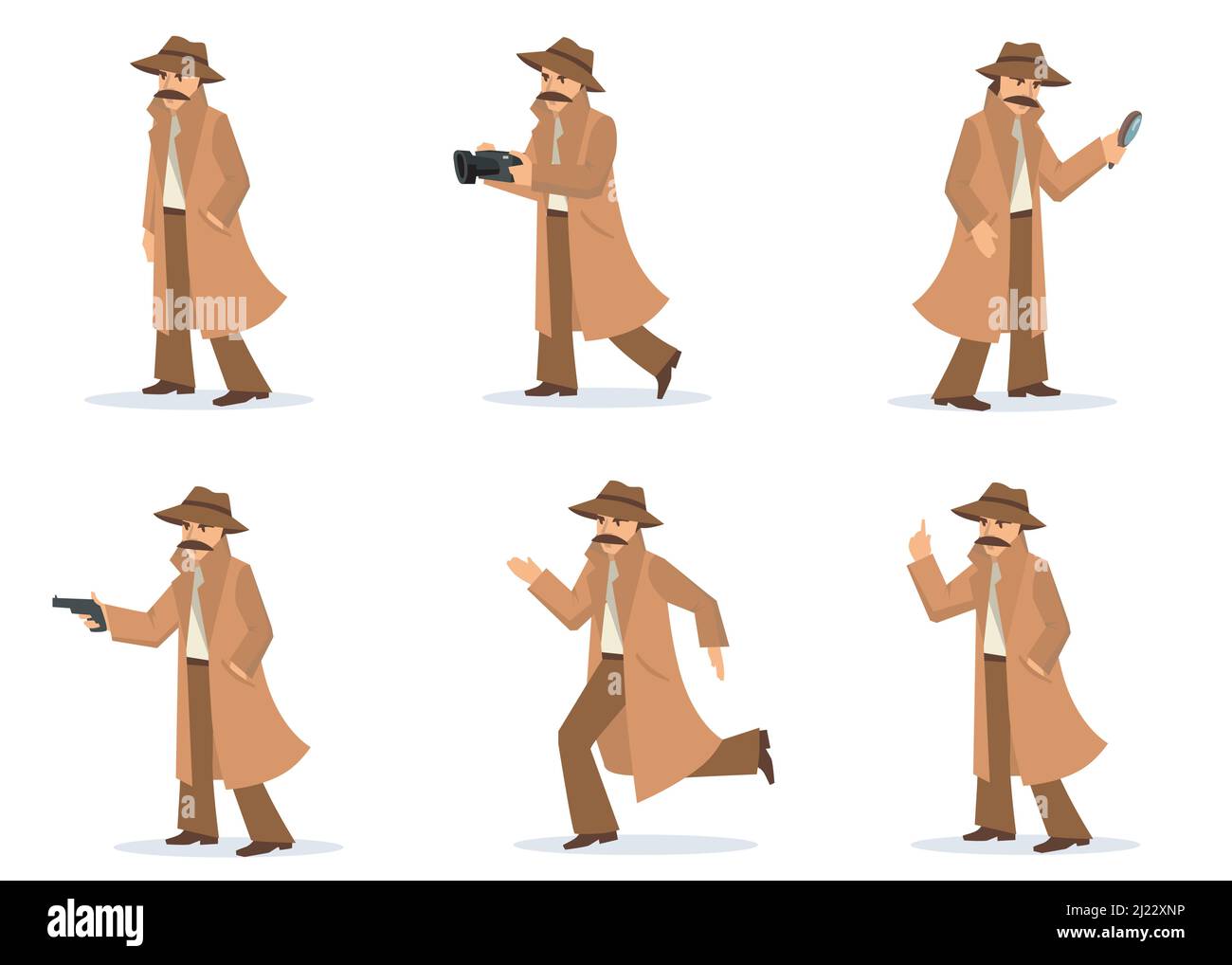 Privater Detektiv eingestellt. Ermittler in verschiedenen Aktionen und Posen, Inspektor mit Schnurrbart tragen Mantel und Hut, fotografieren, mit der Waffe zielen. Für Inv Stock Vektor