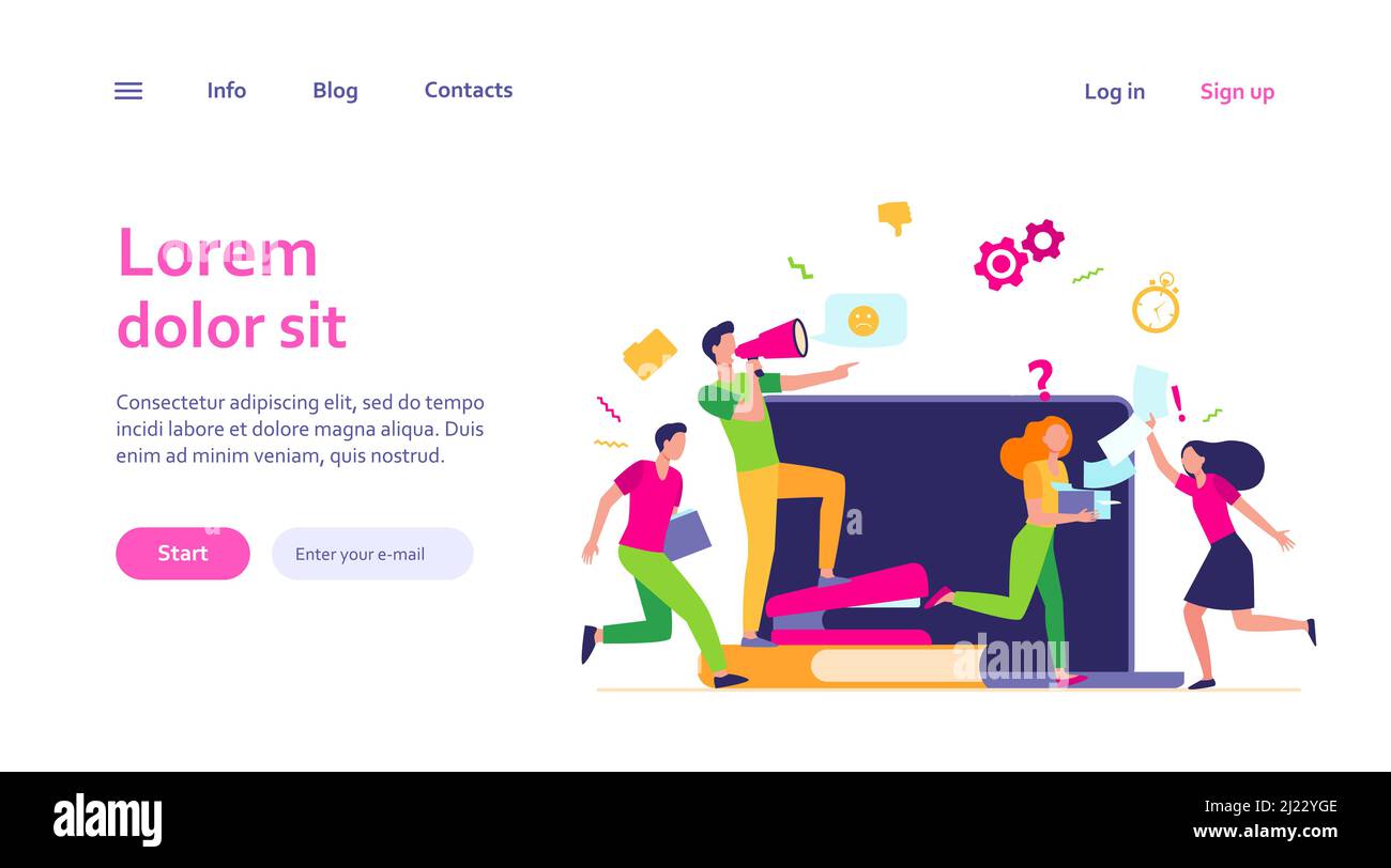 Wütender Chef mit Megaphon, das Mitarbeiter anruft, weil die Frist nicht eingehalten wurde. Büroangestellte laufen in Chaos, Panik und Eile. Vektorgrafik für Überwund Stock Vektor