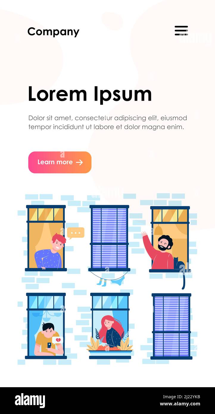 Wohnung offene Fenster mit freundlichen Nachbarn flache Vektor-Illustration. Junge Leute leben in einem Gebäude, Mann mit Katze im Gespräch mit anderen Kerl. Lif Stock Vektor