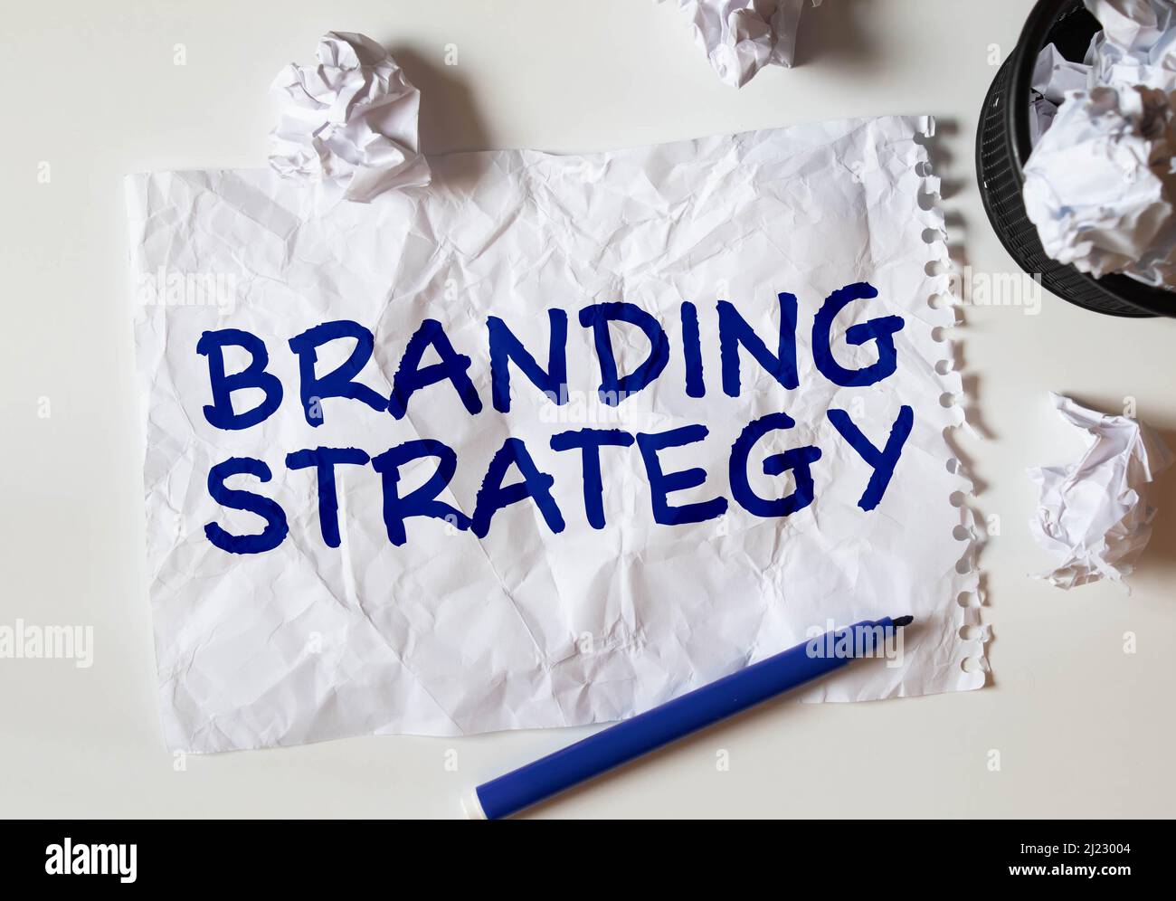 Geschäftskonzept – Draufsicht Notizbuch zur Erstellung einer Branding-Strategie. Stockfoto