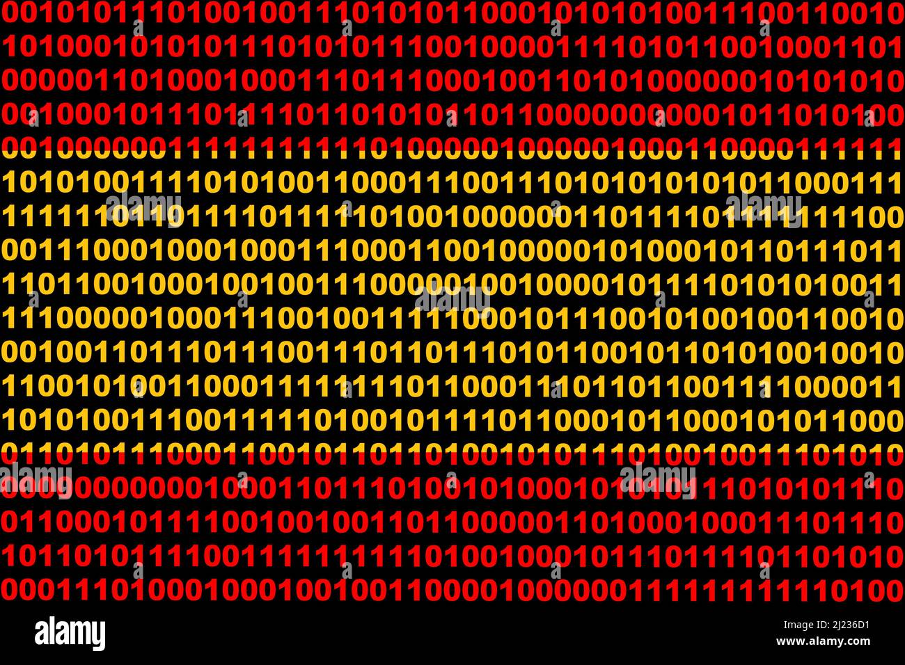 Hacker Spanien. Digitale Flagge Spaniens und ein binäres Cybersicherheitskonzept mit 0 und 1. Computerhacker Spanien. Computerangriff. Dreifarbig. Stockfoto