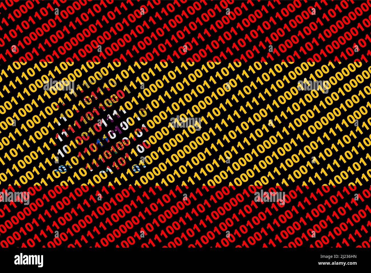 Hacker Spanien. Digitale Flagge Spaniens und ein binäres Cybersicherheitskonzept mit 0 und 1. Computerhacker Spanien. Computerangriff. Dreifarbig. Stockfoto