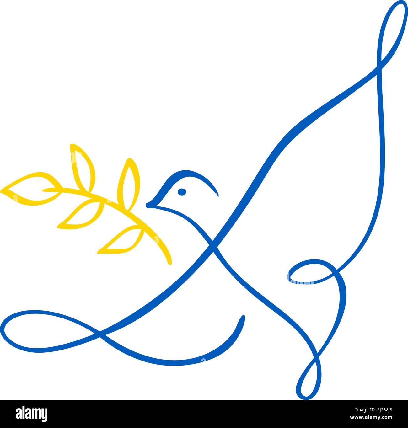 Fliegende Friedenstaube mit Olivenzweig. Kein Krieg. Militärischer Konflikt zwischen Russland und der Ukraine. Kalligraphie Vektor Illustration. Symbol des Friedens und Stock Vektor