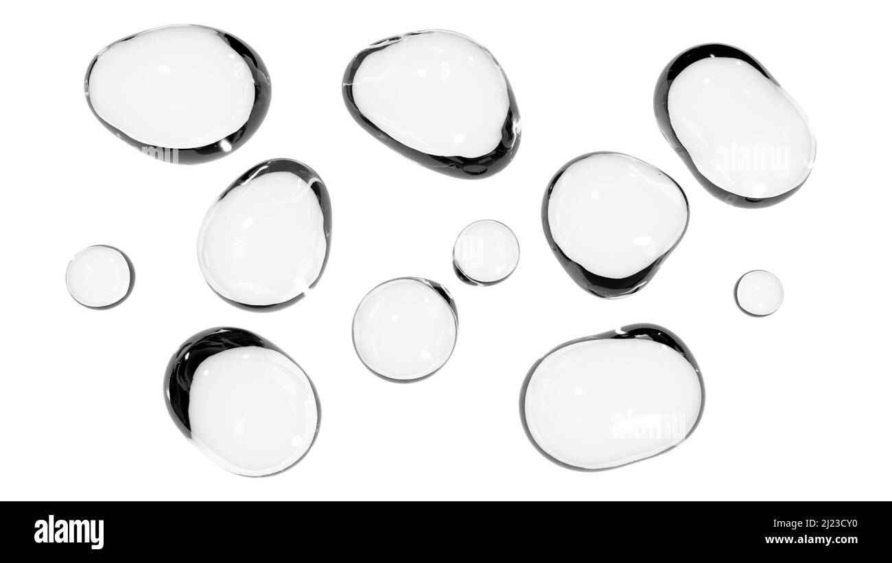 Wassertropfen isolieren. Transparente Tropfen oder Flüssigkeitsblasen auf einem leeren weißen Hintergrund. Hochwertige Fotos Stockfoto