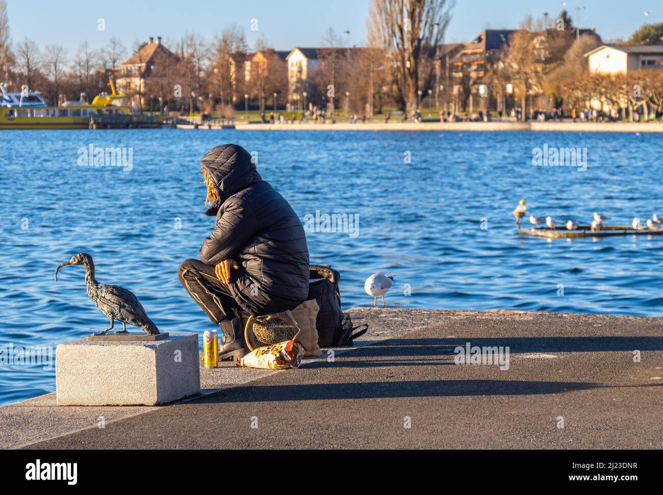 Zug, Schweiz - 31. Dezember 2021: Eine Frau in Winterjacke sitzt am See und füttert Möwen Stockfoto