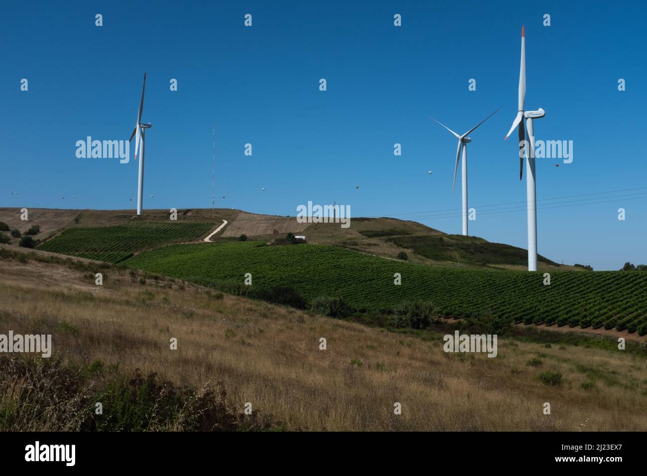 Energiewindmühlen auf den Bergen Portugals gegen blauen Himmel Stockfoto