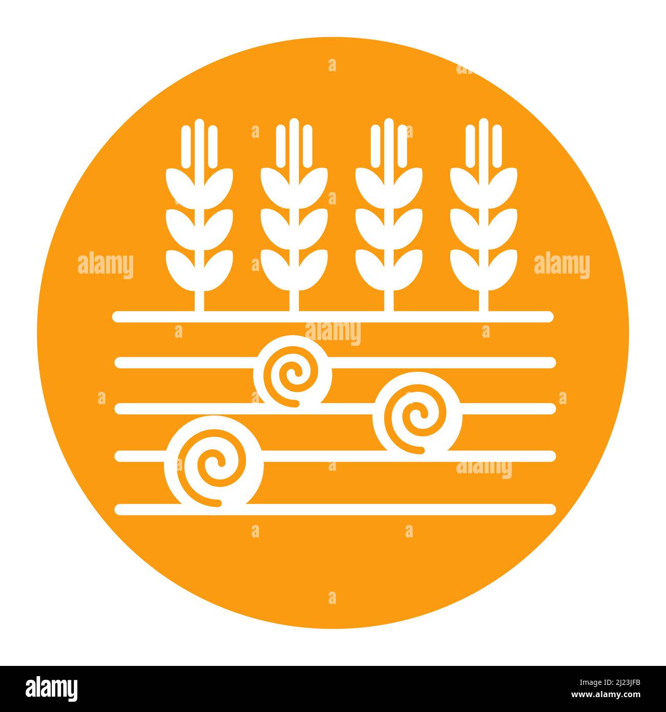 Ohren von Weizen, Gerste oder Roggen auf dem Feld und runde Heuballen flaches Glyphen-Symbol. Zeichen Landwirtschaft. Graph-Symbol für Ihr Website-Design, Logo, App, UI. Vec Stock Vektor