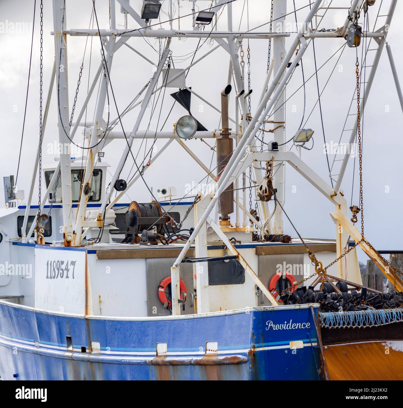Detailbild eines alten Fischerbootes in Greenport, NY Stockfoto