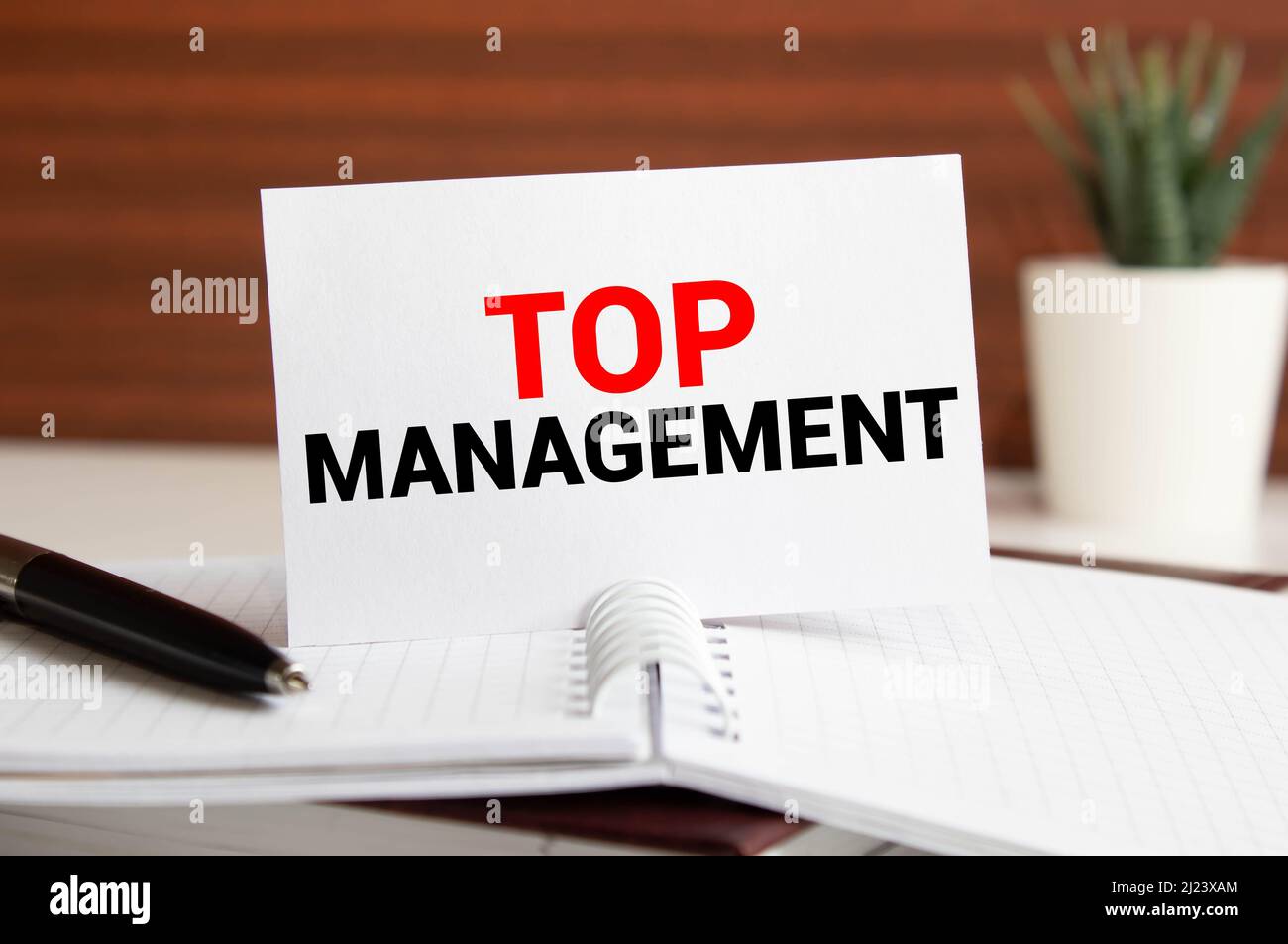 Geschäftsmann zeigt eine Karte mit dem Wort Top Management. CEO Position Geschäftskonzept Stockfoto