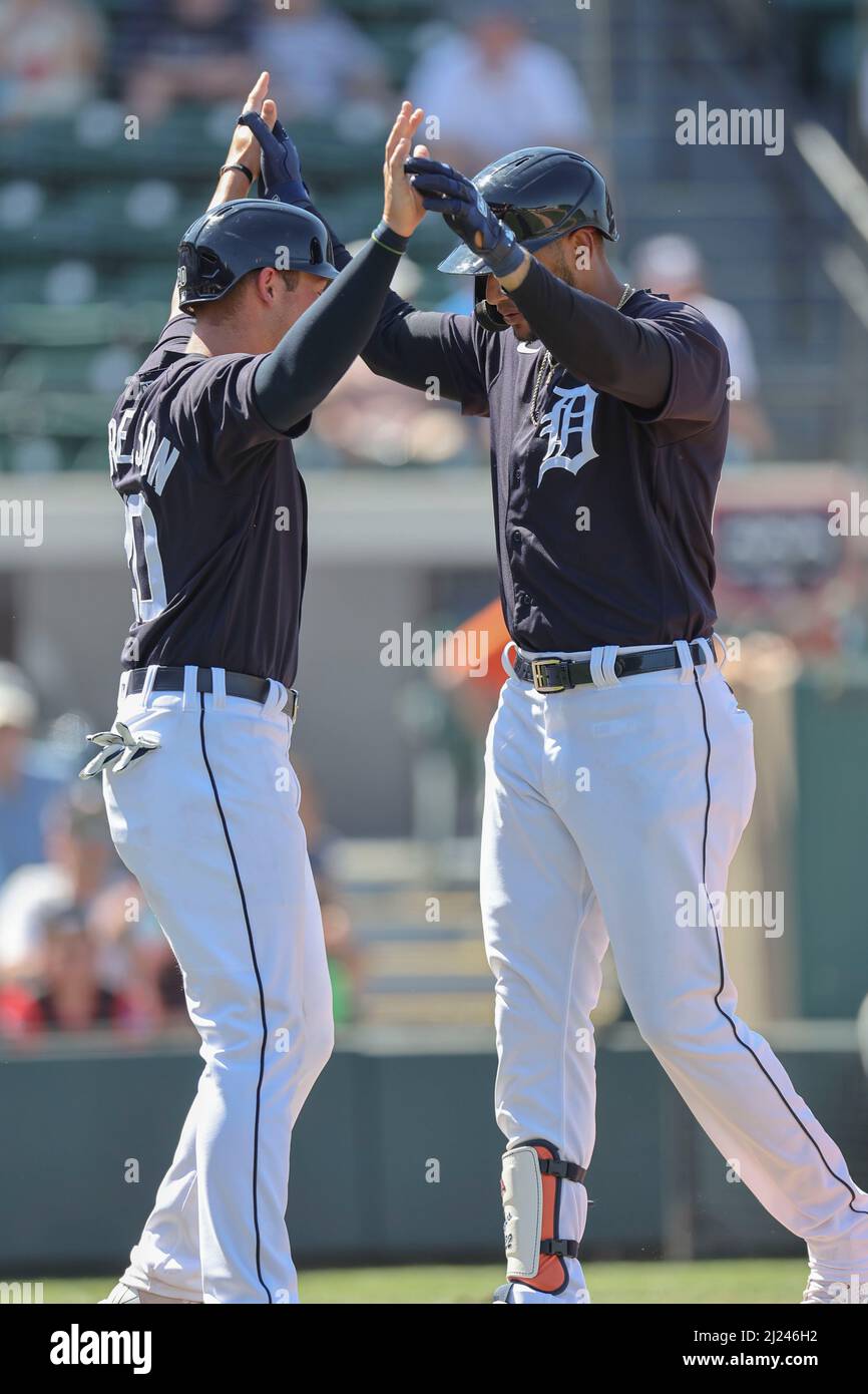 Lakeland, FL USA: Die Detroit Tigers-Außenseiter Riley Greene ist in einem Baseballspiel im Frühjahr gegen die New York Yankees am Montag, 28. März 2022, im Publix Field auf der Achten. Die Yankees schlugen die Tiger 11:7. (Kim Hukari/Bild des Sports) Stockfoto