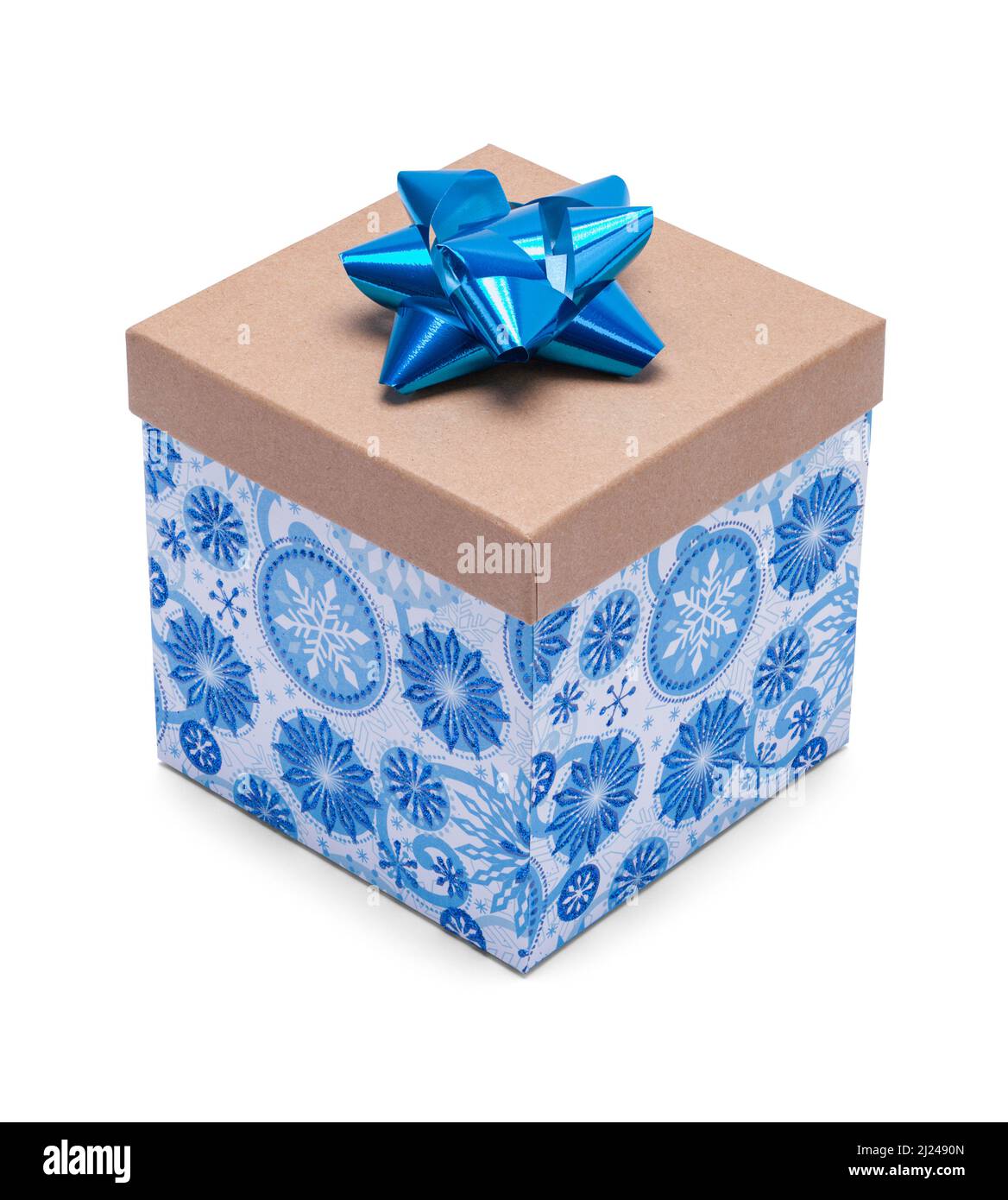 Kleine quadratische blaue Geschenk-Box mit blauer Schleife. Stockfoto