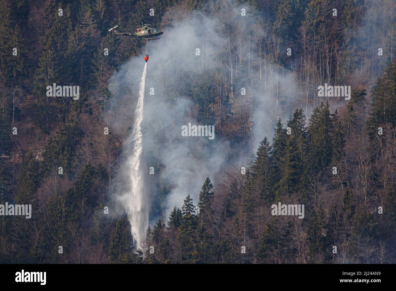 Ein Hubschrauber der slowenischen Armee verwendet einen Bambi-Eimer, um in den Hügeln bei Preddvor ein großes Waldfeuer zu entfachen. Die Ursache eines der größten Waldbrände in Slowenien ist nicht bekannt, aber die anhaltende Dürre im Land trägt dazu bei, dass es sich ausbreitet und unvermindert weitergeht. Am 28. März brach in den Hügeln über Preddvor, Slowenien, ein großes Waldfeuer aus, das sich immer weiter ausbreitet. Da Slowenien über kein Löschflugzeug verfügt, schickte das benachbarte Kroatien ein Canadair-Löschflugzeug, um den slowenischen Feuerwehrleuten zu helfen. Das Feuer wütet weiter wegen der schweren Dürre im Land. (Foto von Luka Daksko Stockfoto