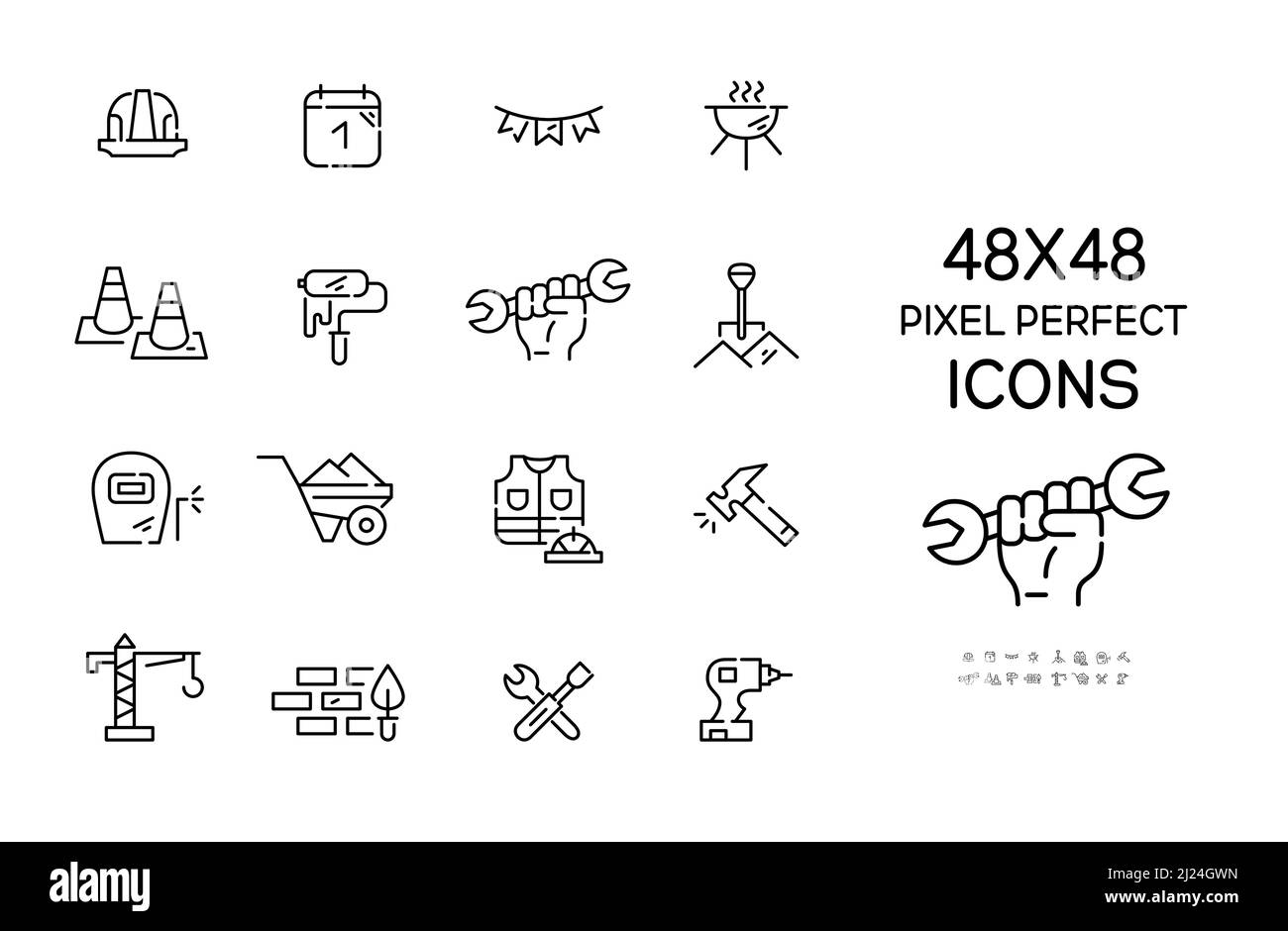 Feier des Arbeitstages und Symbole der Arbeitereinheit. Bauhut, bbq, Hammer und andere. Pixel Perfect, bearbeitbare Kontur 48 x 48 Symbole Stock Vektor