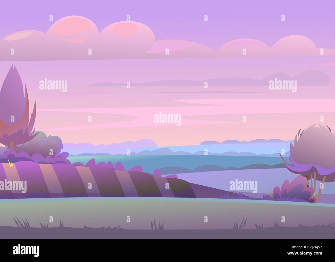 Abendlandschaft. Ländliche Landschaft schöne Aussicht. Dämmerung nach Sonnenuntergang. Früh am Morgen vor Sonnenaufgang. Felder und Wiesen. Flacher Style. In Pink Stock Vektor