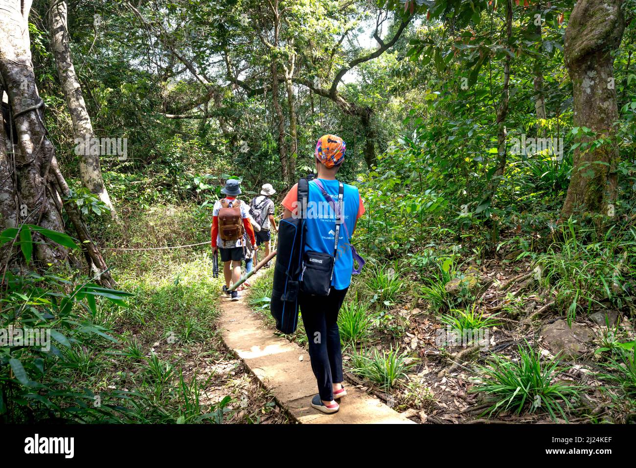 Kon Chu Rang Nature Reserve, Gia Lai Province, Vietnam, 6. März 2022: Touristen wandern durch den Wald, um den Regenwald in Kon Chu Ra zu erkunden Stockfoto