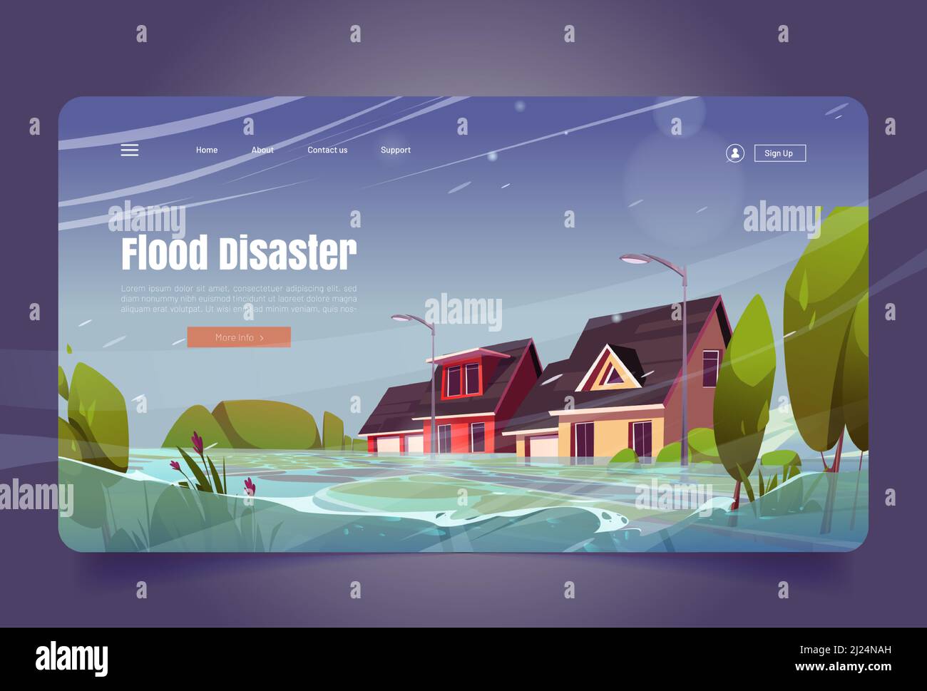 Flutkatastrophe-Banner mit Wasserstrom auf der Straße mit Häusern bei regnerischem Wetter. Vektor-Landing-Page der Natur Kataklysma mit Cartoon-Illustration von Überschwemmungs-und Sturm in der Stadt Stock Vektor