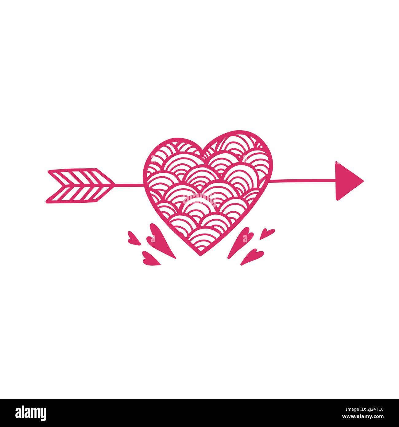Vektor Clip Art Stift Illustration von rosa Herz mit Schuppen Dekorationen und Pfeil auf weißem Hintergrund. Kontur Symbol der Liebe zum Valentinstag. Stock Vektor
