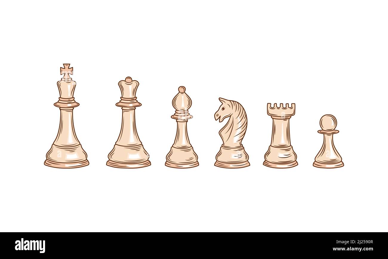 Realistische weiße Schachfiguren Symbole. Schachfiguren, Königin und König, Pferd, Turm, Bischof und Bauer. Strategie Spiel Zahlen gesetzt. Logischer Wettkampf oder Turnier Stock Vektor