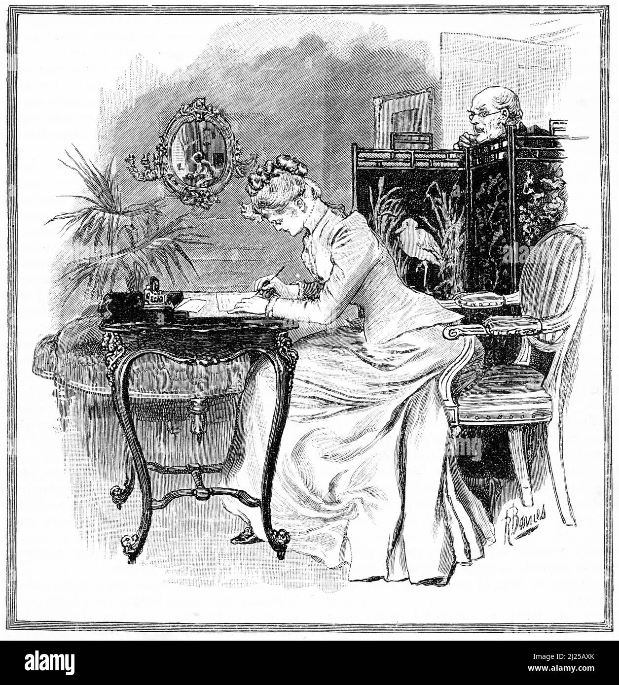 Stich eines älteren Mannes, der eine junge Frau beim Schreiben eines Briefes beobachtete, um 1890 Stockfoto