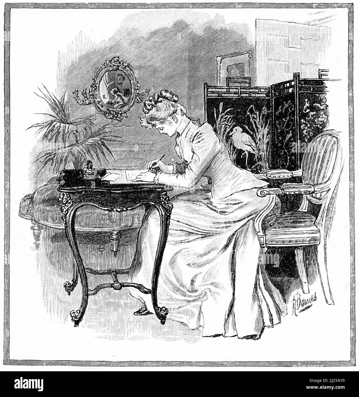 Stich einer jungen Frau, die einen Brief schrieb, um 1890 Stockfoto