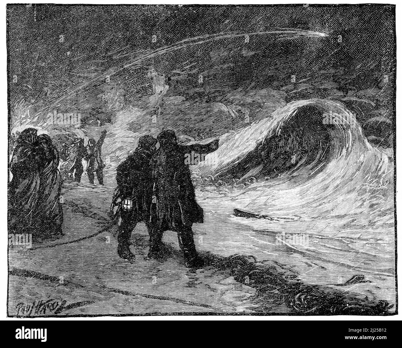 Gravur eines Resuce-Teams am Strand, während ein Fackel in den Abendhimmel abgefeuert wird, um ein Schiff in Not zu erleuchten Stockfoto