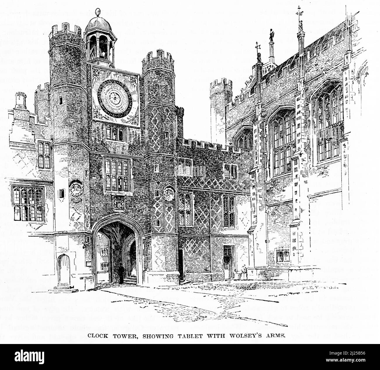 Stich eines Uhrturms mit dem Wappen von Kardinal Wolsey, um 1890 Stockfoto