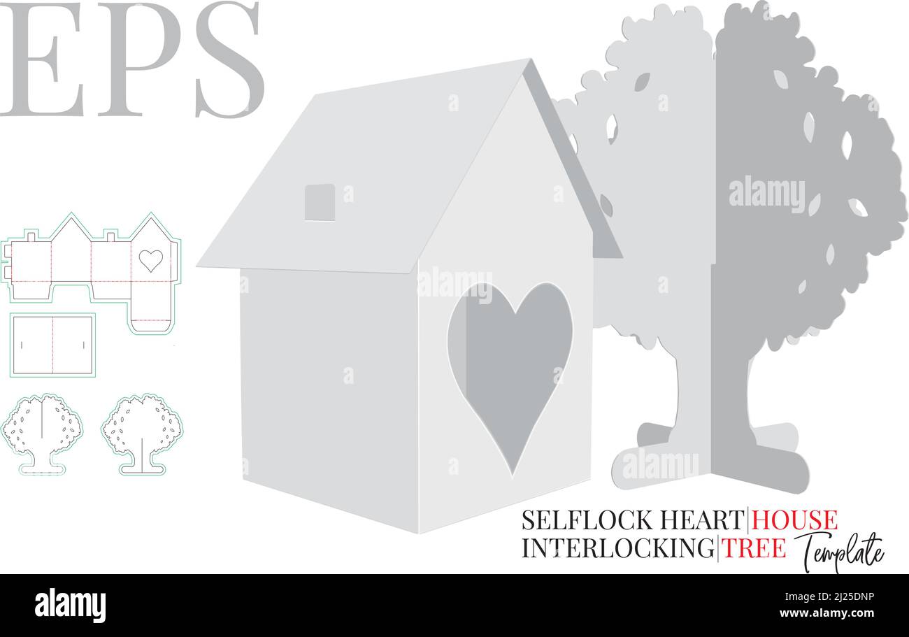 Hauskasten und Interlock Baum Stanzschablone, Vektor. Weiß klar leeres Haus und Baum Modell isoliert auf weißem Hintergrund. Verpackungsdesign Stock Vektor