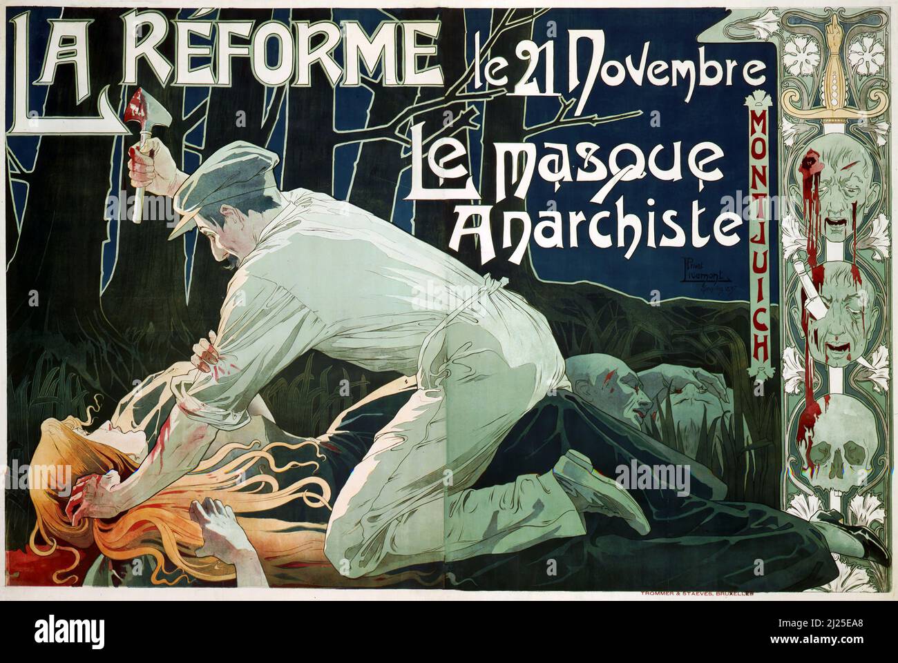 Vintage Art Nouveau von Henri Privat-Livemont - La Reforme, le 21 Novembre, le Masque anarchiste (1897). Altes Werbeplakat. Stockfoto