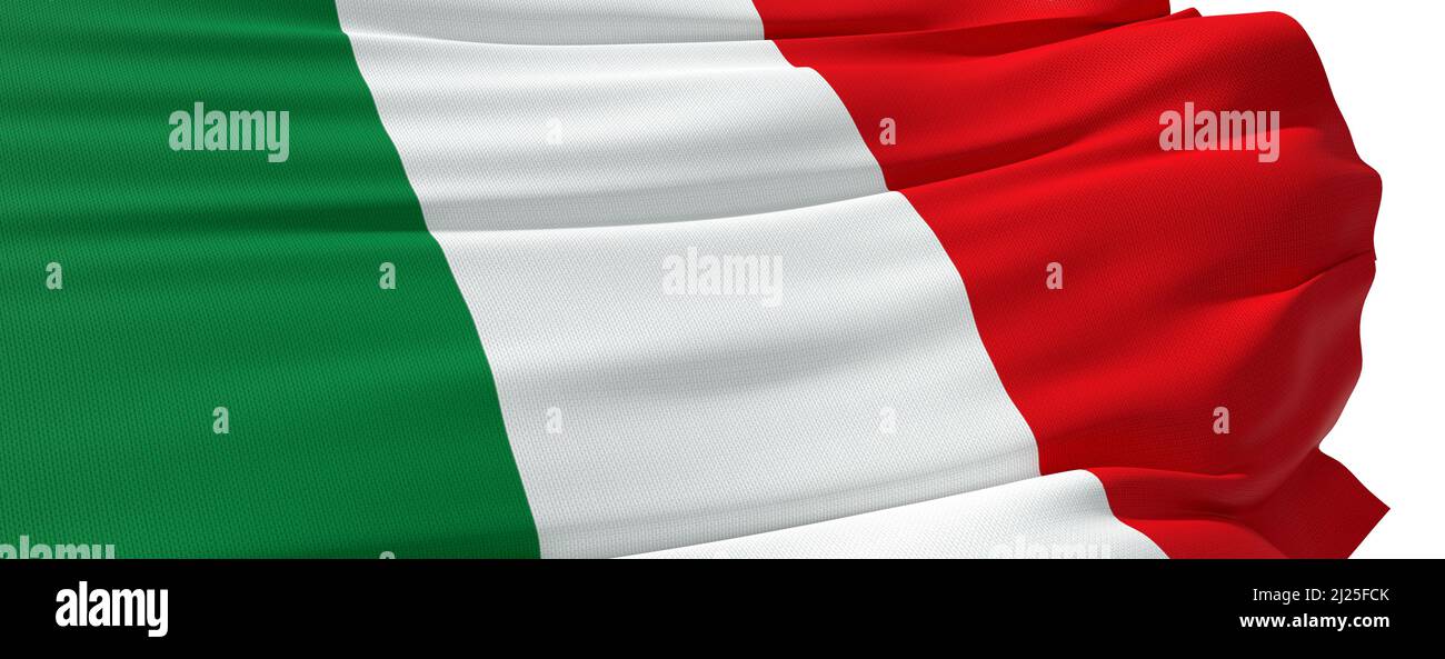 Italienische Flagge Nahaufnahme auf weißem Hintergrund - 3D Rendering Stockfoto
