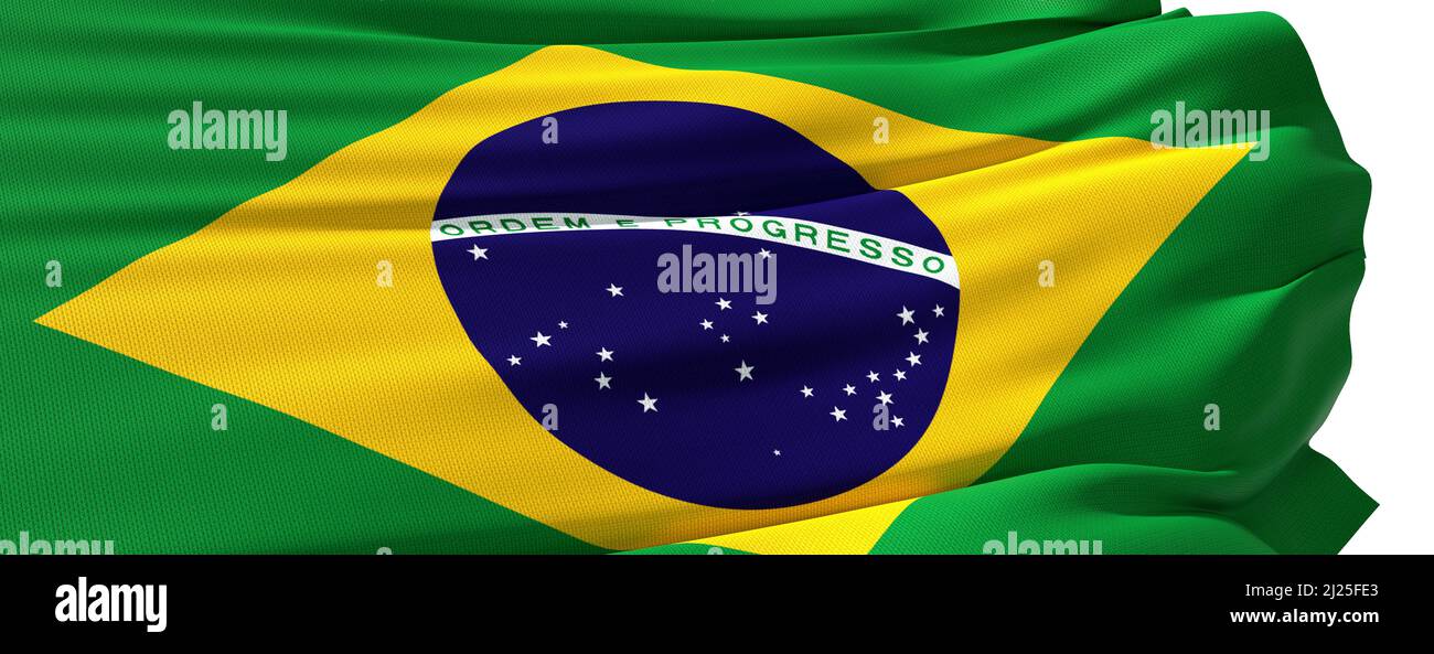 brasilianische Flagge Nahaufnahme auf weißem Hintergrund - 3D Rendering Stockfoto