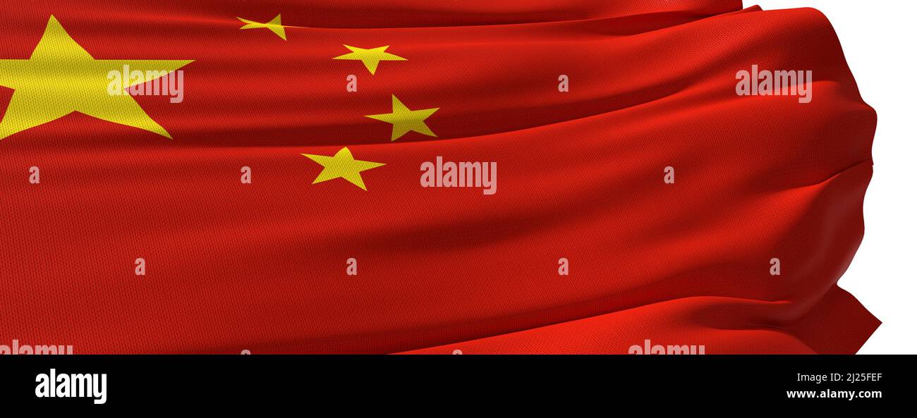 chinesische Flagge Nahaufnahme auf weißem Hintergrund - 3D Rendering Stockfoto