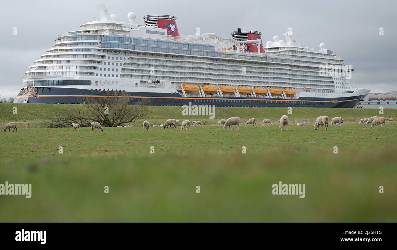 Papenburg, Deutschland. 30. März 2022. Das neu gebaute Kreuzschiff „Disney Wish“ der Meyer-Werft in Papenburg hat die Werft verlassen und macht sich am Mittwoch auf der Ems in Richtung Nordsee auf den Weg. Quelle: Lars Klemmer/dpa/Alamy Live News Stockfoto