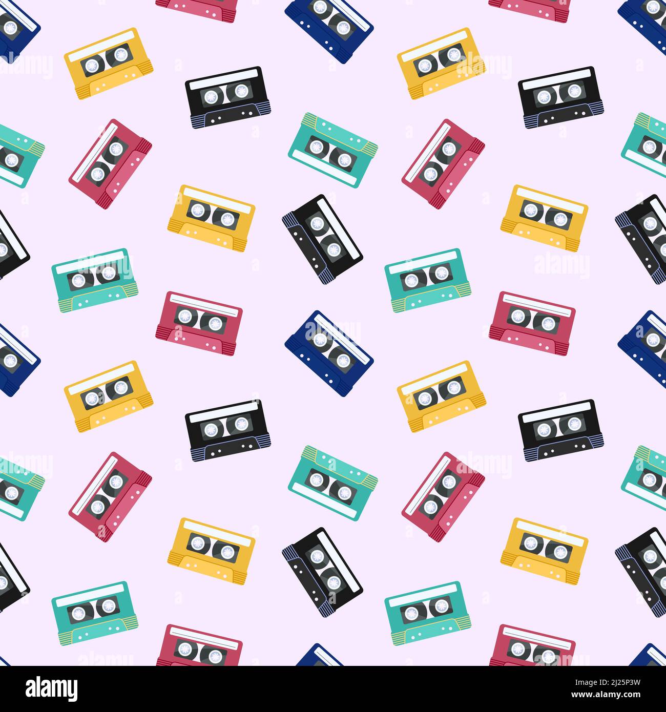 90s Musikmuster. Retro farbenfrohe nahtlose Hintergrund mit Audio-Kassetten. Audiokassetten isoliert. Vektor flache Illustration für Designs, Hintergrund, Text Stock Vektor