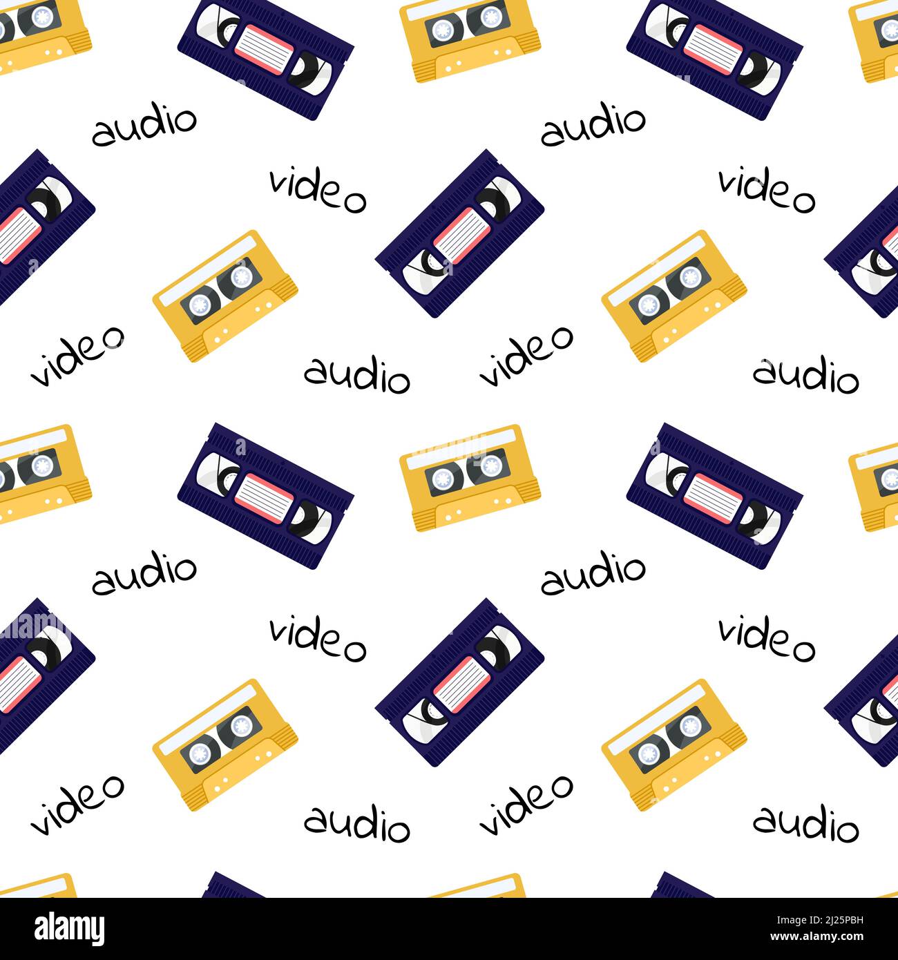 90s Muster. Nahtloser Retro-Hintergrund mit Video- und Audiobändern. VHS-Kassetten. Vektor flache Illustration für Designs, Hintergrund, Textil, Stoff. Stock Vektor
