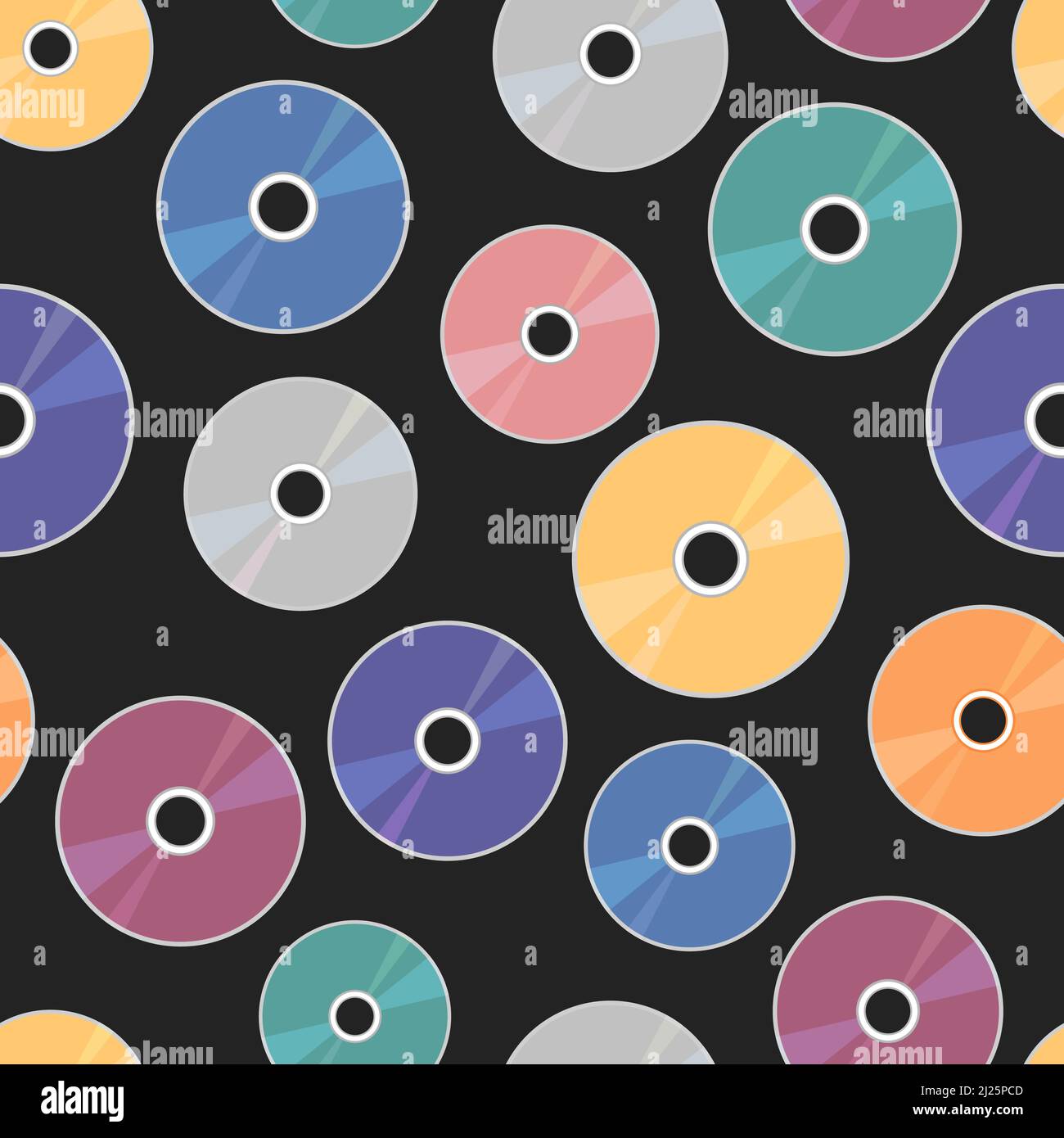 CD-Muster. Retro 90s und 2000s nahtloser Hintergrund mit CD-DVDs. MP3 Musik, Filme, Daten. Vektor bunte flache Illustration für 00s Designs. Stock Vektor