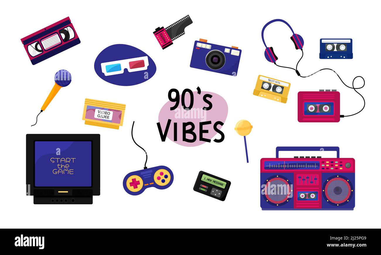 90s Vibes eingestellt. Trendige Kollektion mit 1990s Elementen. Retro-Technik, Dinge, Unterhaltung und Musik-Ausrüstung isoliert auf weißem Hintergrund. Zurück zu 90s ve Stock Vektor