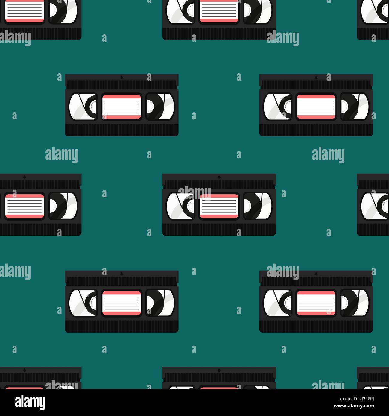 90s VHS-Muster. Retro nahtloser Hintergrund mit Videobändern. VHS-Kassetten isoliert. Vektor flache Illustration für Designs, Hintergrund, Textil, Stoff. Stock Vektor